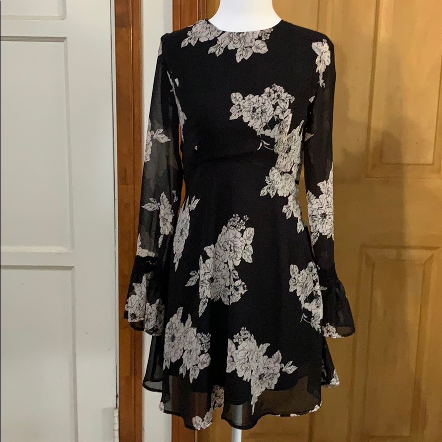 Black Floral Dress With Bel Bottom Sleeves